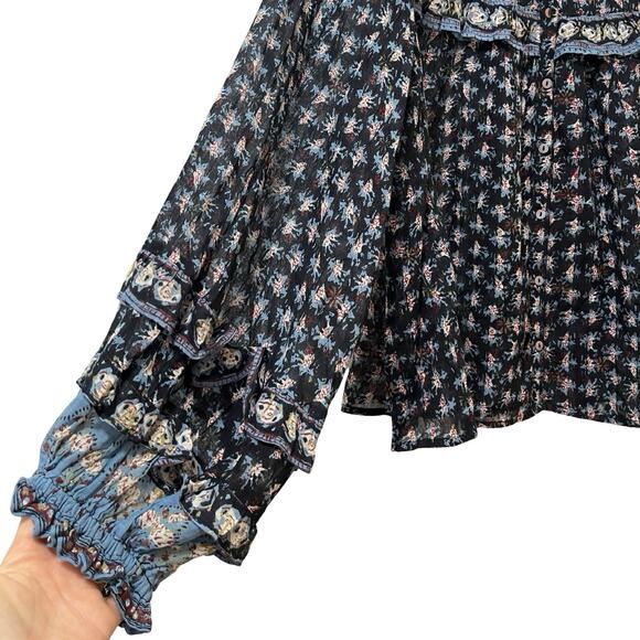 Free People Jenna Floral Peasant Flowy Button Up Top Size L Navy Boho Hippie - Picture 5 of 9